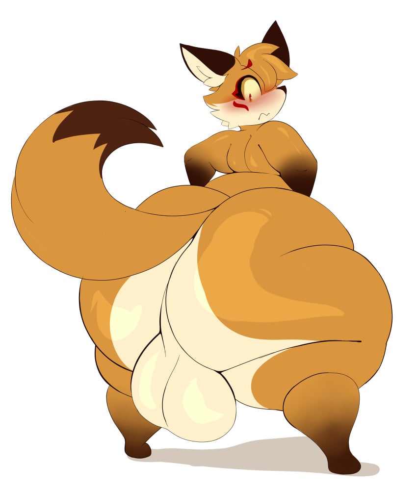 absurd_res anthro arizonathevixen ass balls big_balls big_butt blush canid canine eye_markings fox fur genitals hi_res huge_balls huge_butt huge_thighs hyper hyper_butt male mammal markings multicolored_body multicolored_fur nick_(gingerale90) solo thick_thighs