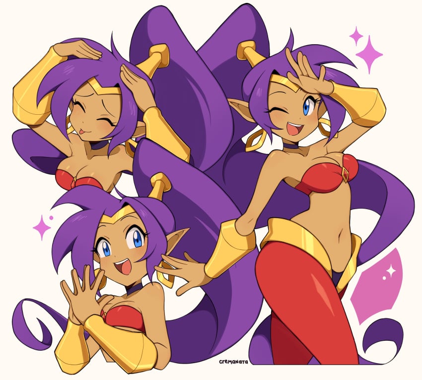 1girls armwear big_breasts blush bottomwear breasts cleavage closed_eyes cremanata ear_piercing earrings female female_only hair hair_ornament hands_on_head headwear high_resolution highres hips hoop_earrings multiple_views o-ring_top one_eye_closed pants ponytail purple_hair red_pants shantae shantae_(character) smile solo solo_female sparkles tongue tongue_out topwear wide_hips wink winking