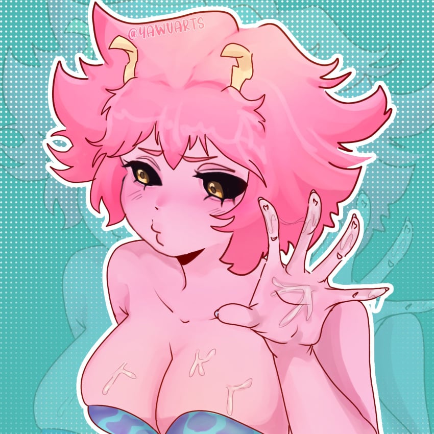 big_breasts big_titties clothing curvaceous female female_only fully_clothed mina_ashido my_hero_academia pink_body pink_hair pink_skin rubber sweat yawuarts yellow_eyes