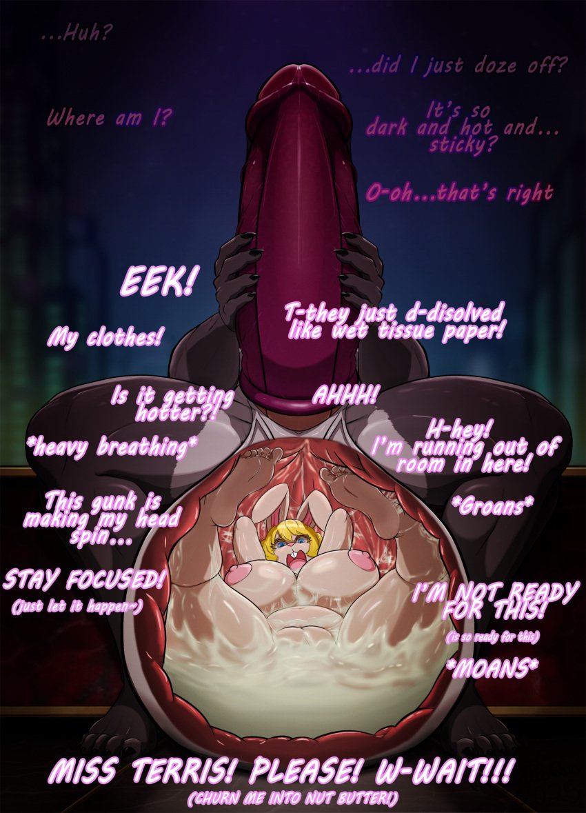 balls big_balls cock_vore condom cum_digestion curvy dialogue equidproquo feet female female_prey futanari huge_balls huge_breasts internal_viewlaying_back intersex lying milf muscular muscular_intersex onomatopoeia predator size_difference snuffimmanent_digestion vorehuge_penis