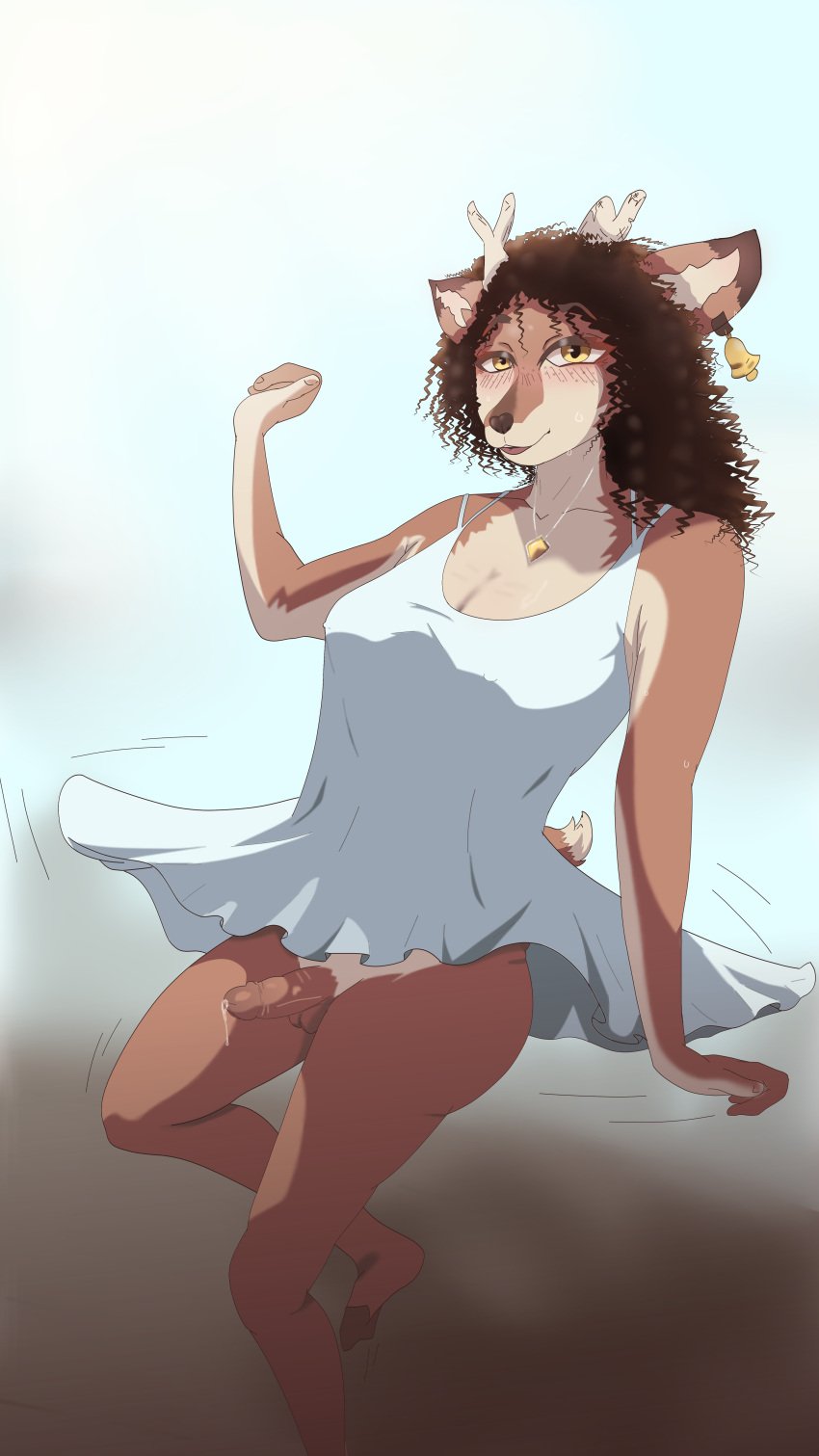 absurd_res anthro antlers blush blush_lines bodily_fluids breasts brown_body brown_fur brown_hair clothing cowbell curly_hair dark_hair deer dress ear_piercing ear_ring exhibitionism fur futanari genital_fluids genitals going_commando gynomorph hair hi_res horn hovkinnie intersex leaking_precum looking_at_viewer mammal multicolored_body multicolored_fur nipple_outline no_panties no_underwear outside peeking_penis penis penis_under_dress penis_under_skirt piercing precum ring_piercing smile smiling_at_viewer solo spinning sundress sweat tail trans_(lore) trans_woman_(lore) white_body white_fur yellow_eyes
