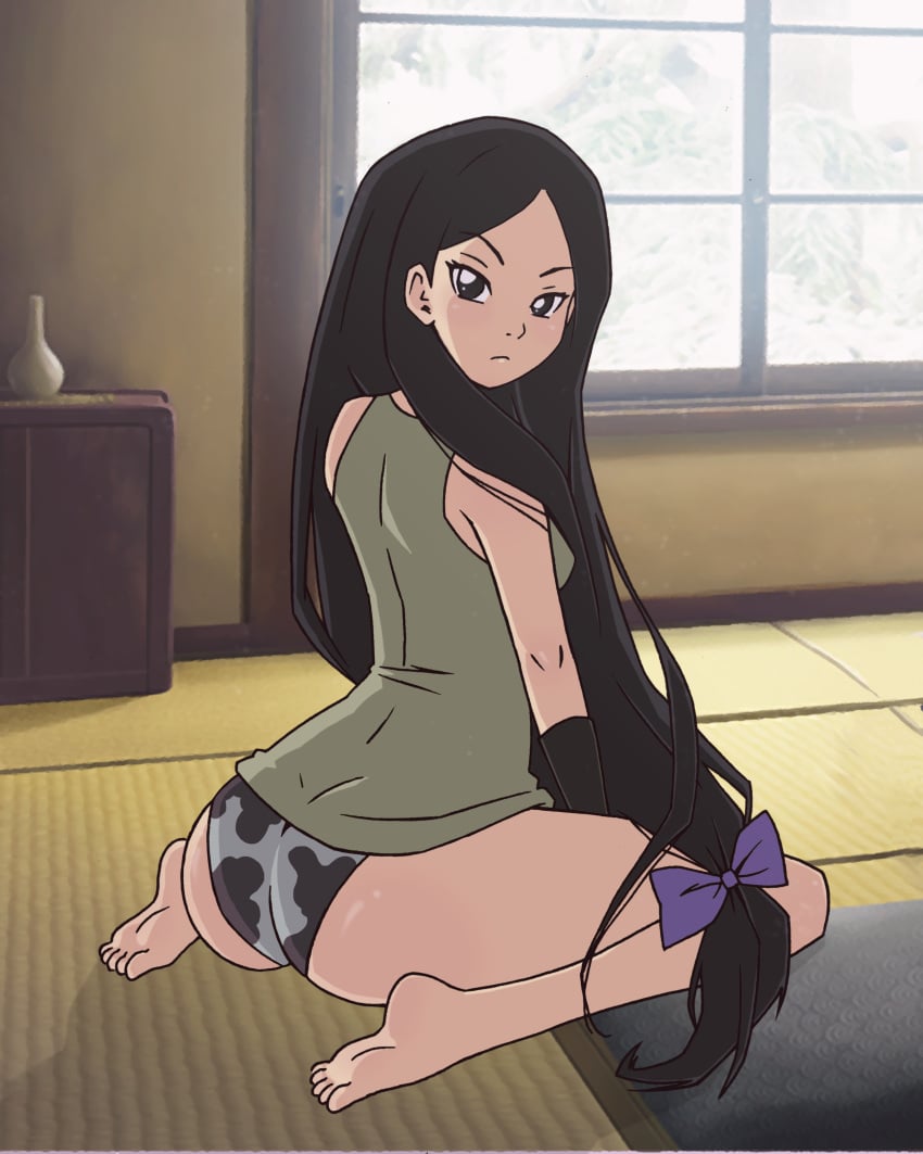 1girls ass bare_legs barefoot black_eyes black_hair feet female female_only indoors kin_tsuchi kneeling looking_at_viewer looking_back low-tied_long_hair naruto naruto_(classic) no_pants panties soles solo toes tonxubramando very_long_hair vest