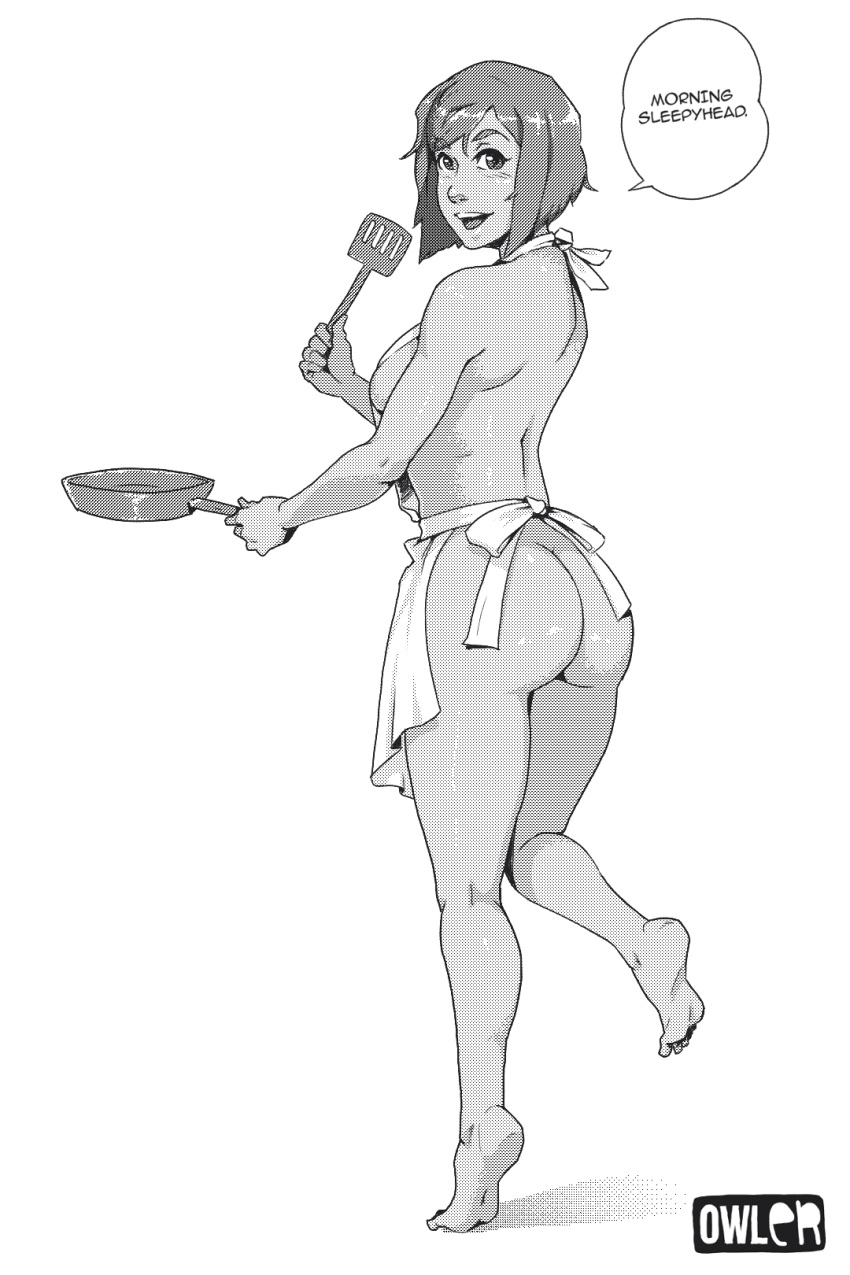 1girls apron artist_name ass avatar_legends barefoot bubble_butt cooking dark-skinned_female dark_skin english_text feet female female_only hourglass_figure human korra medium_breasts monochrome naked_apron no_panties owler short_hair sideboob smooth_skin solo speech_bubble standing text the_avatar the_legend_of_korra water_tribe