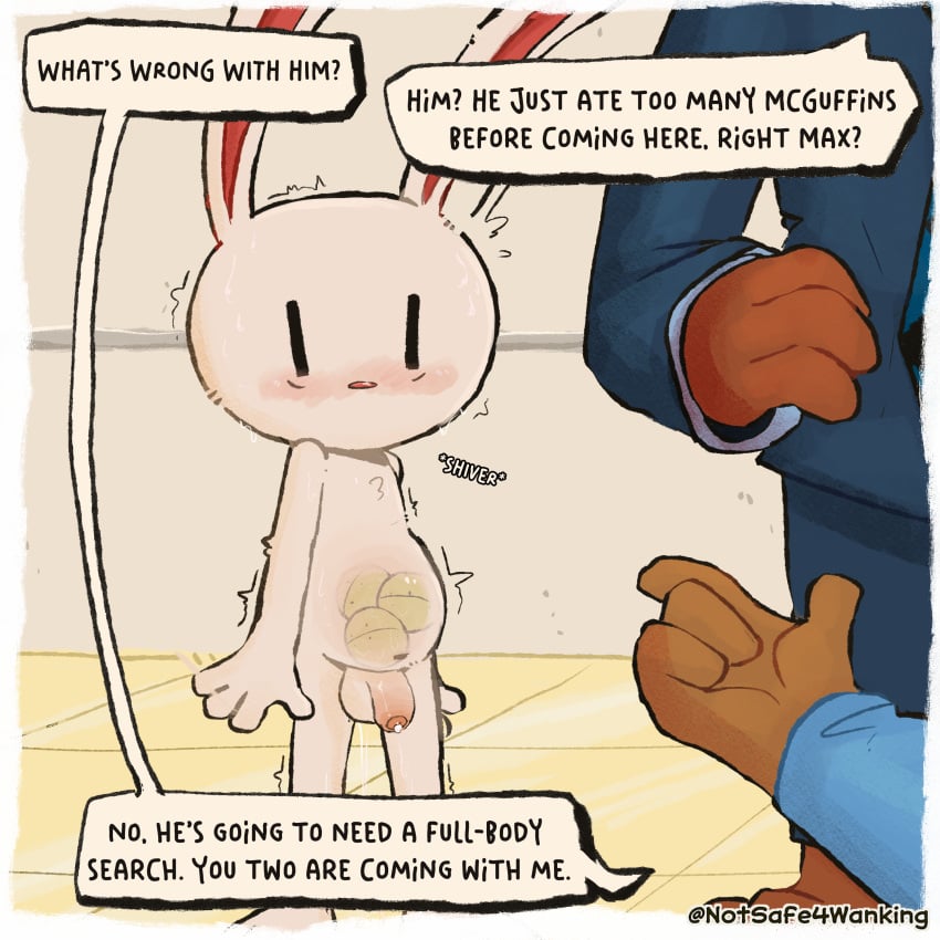 absurd_res airport_security anthro ass balls bodily_fluids brown_body canid canine canis clothing digital_media_(artwork) domestic_dog duo english_text fur genitals hi_res lagomorph leporid male mammal max_(sam_and_max) notsafeforwanking object_in_ass penetration penis presenting presenting_penis public rabbit sam_and_max samuel_dog simple_background solo text white_body