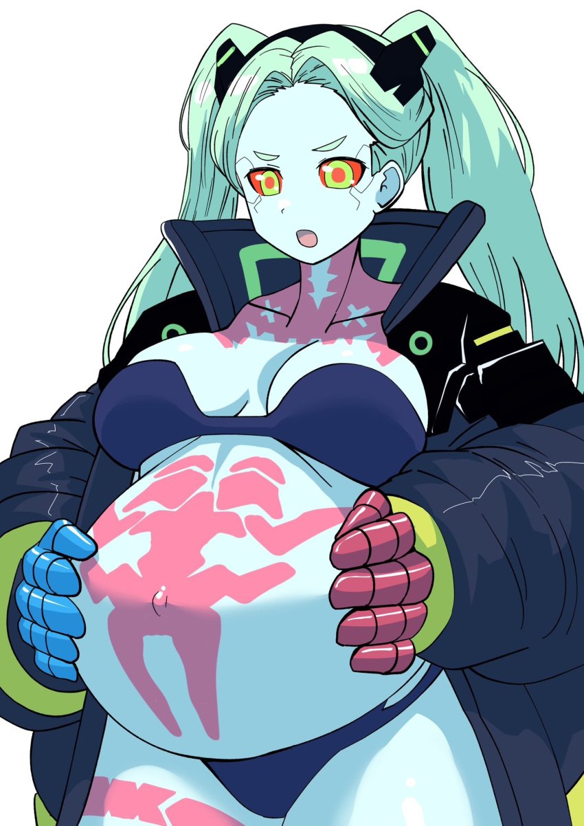 annoyed annoyed_expression blue_hair blue_skin breasts cyberpunk:_edgerunners female female_focus female_only hands_on_belly heavily_pregnant human humanoid jacket medium_breasts open_jacket open_mouth outerwear pale_skin panties pregnant pregnant_female rebecca_(edgerunners) red_eyes tattoos thick_thighs thighs yuhancyan