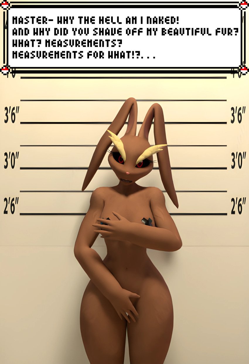 3d annoyed annoyed_expression bad_end blender covering_breasts covering_crotch embarrassed embarrassed_nude_female female game_over imminent_bondage lopunny mugshot naked naked_female pokemon pokemon_(species) shortstack taped_nipples taped_pussy torbound