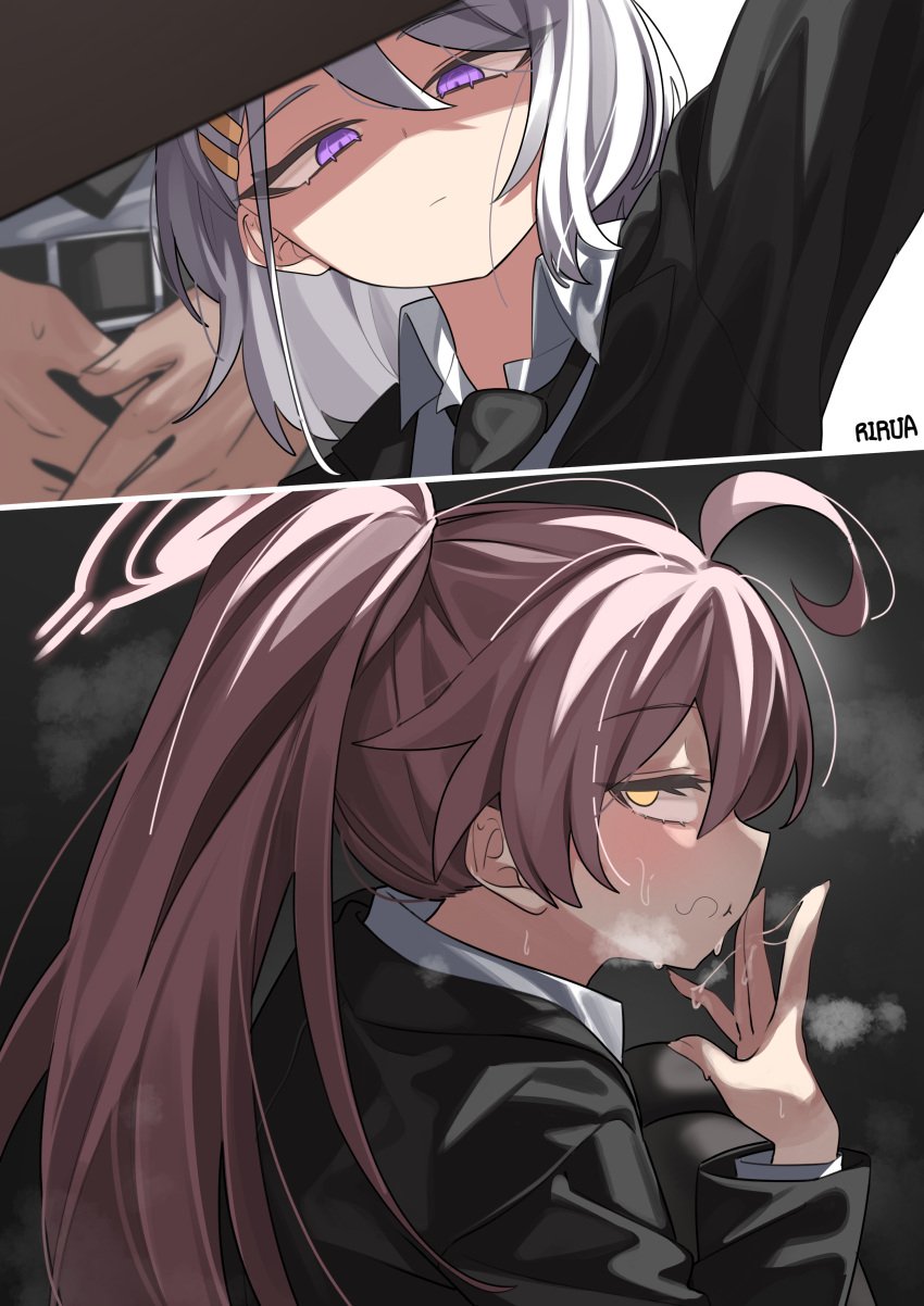 1boy 2girls absurd_res after_fellatio after_oral after_sex ahoge belt blue_archive caught caught_in_the_act cum cum_in_mouth cum_on_hand female halo hands_on_crotch heterochromia hina_(blue_archive) hoshino_(blue_archive) male office office_clothing office_lady office_sex pink_hair purple_eyes rirua sensei_(blue_archive) side_eye stealth_sex steam stern_expression stray_pubic_hair suit suit_and_tie swallowing tie under_desk under_the_table visible_breath white_hair yellow_eyes