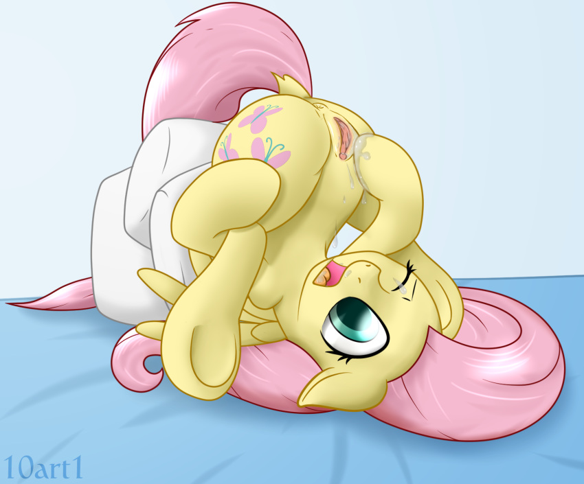 10art1 anus bed blue_background clitoris cutie_mark equine female fluttershy_(mlp) friendship_is_magic fur hair hooves horse mammal masturbation my_little_pony one_eye_closed open_mouth pillow pink_hair plain_background pony pussy solo straight_hair underhoof wings yellow_fur