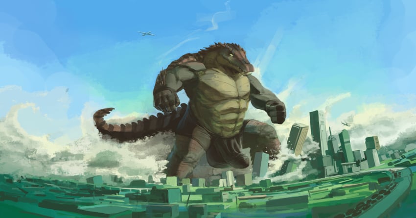 abs alligator alligatorid anthro balls balls_outline blackestmanamultis boxer_briefs building building_destruction bulge carnak_(carpo) city city_destruction cityscape clothed clothing crocodile crocodilian destruction detailed_bulge fingerless_gloves flooding genital_outline genitals gloves green_body handwear hi_res humanoid_genitalia humanoid_penis macro male male_only muscular muscular_anthro muscular_male pecs penile penis penis_outline pyronite(commissioner) rampage reptile scalie sky solo tail topless underwear water
