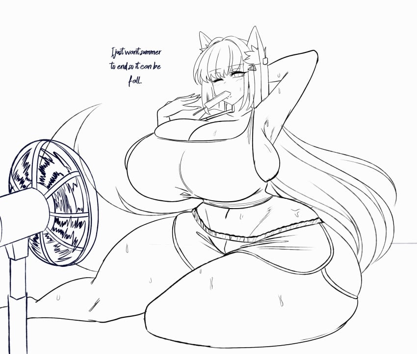 alphaerasure black_and_white bottom_heavy doodle fan hot huge_breasts huge_thighs monochrome rei_(alphaerasure) sweaty sweaty_body thick_thighs voluptuous