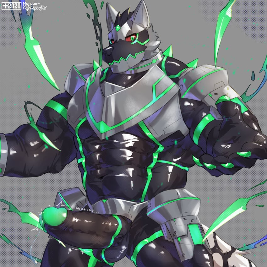 1:1 abs absurd_res anthro armor balls canid canine canis domestic_dog english_text erection genitals green_eyes hi_res husky lifewonders live_a_hero male mammal monomasa monsterplus muscular muscular_anthro muscular_male nordic_sled_dog pecs penis red_sclera solo spitz supervillain text