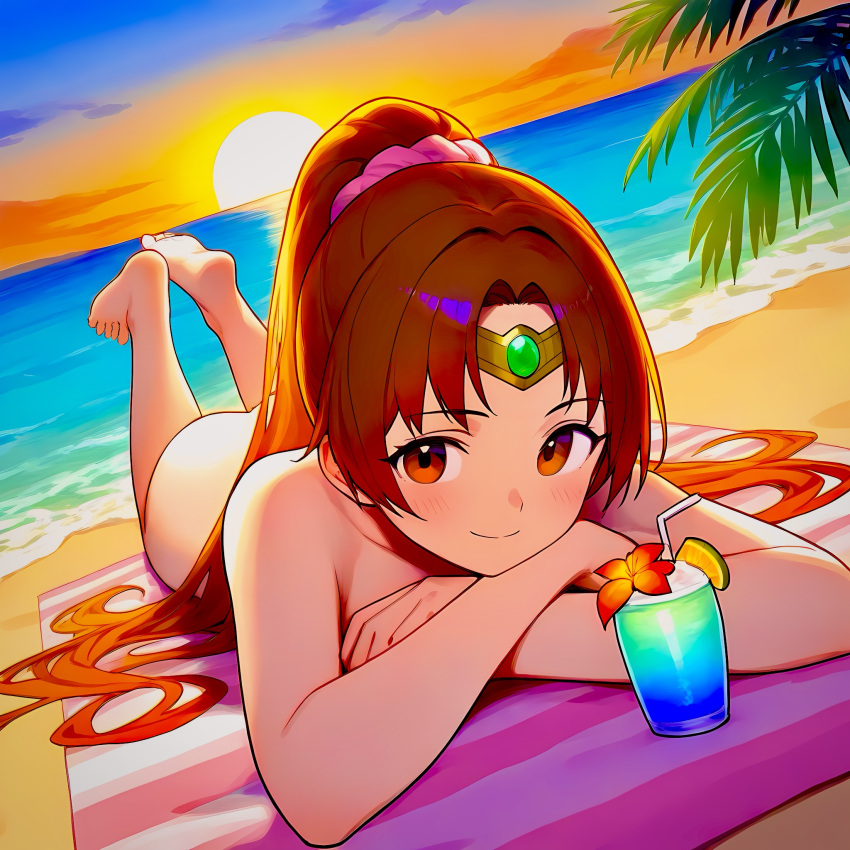 ai_generated ass beach beach_towel brown_eyes brown_hair circlet completely_nude drink feet feet_up female fire_emblem fire_emblem:_mystery_of_the_emblem fire_emblem_shadow_dragon kicking_feet laying_on_beach linde_(fire_emblem) long_hair looking_at_viewer ocean ponytail resting smile solo solo_focus sunset