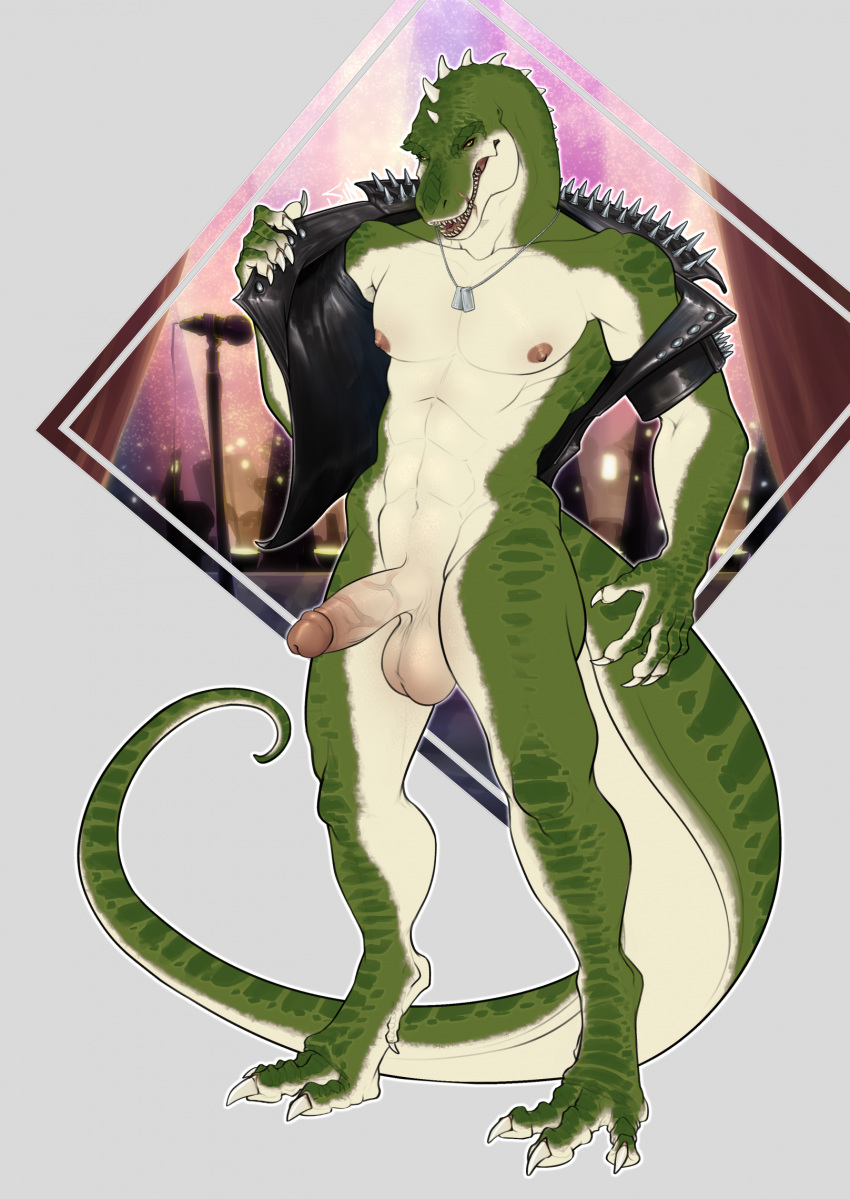 abs anthro balls dinosaur genitals green_body green_scales hi_res humanoid_genitalia humanoid_penis male muscular muscular_anthro muscular_male nipples pecs penis prehistoric_species reptile rocco_(tallion) scales scalie sheycra solo spikes spikes_(anatomy) tail theropod tyrannosaurid tyrannosauroid tyrannosaurus tyrannosaurus_rex vein veiny_penis