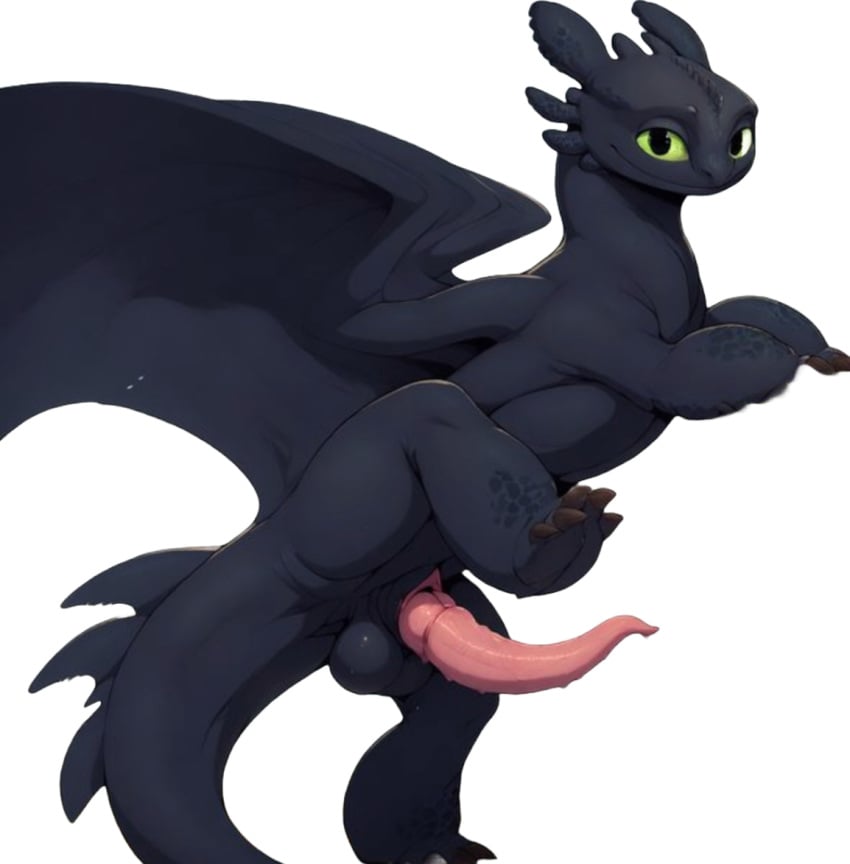 ai_generated black_body cock femboy feral feral_male feral_only furry green_eyes how_to_train_your_dragon looking_at_viewer male male_only penis prehensile_penis raised_leg tagme toothless wings