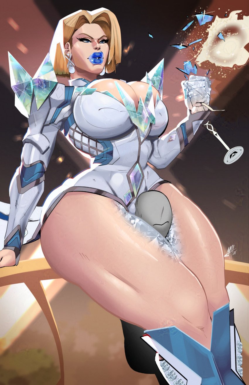 1girls big_ass big_breasts big_thighs blonde_female blonde_hair blonde_hair_female blue_eyes blue_lipstick bob_cut choker cleavage crushed crushing_object emma_frost emma_frost_(marvel_rivals) female hotsriracha huge_thighs legs_crossed legs_together light-skin marvel marvel_rivals short_hair sitting solo solo_female thick_ass thighs wine_glass