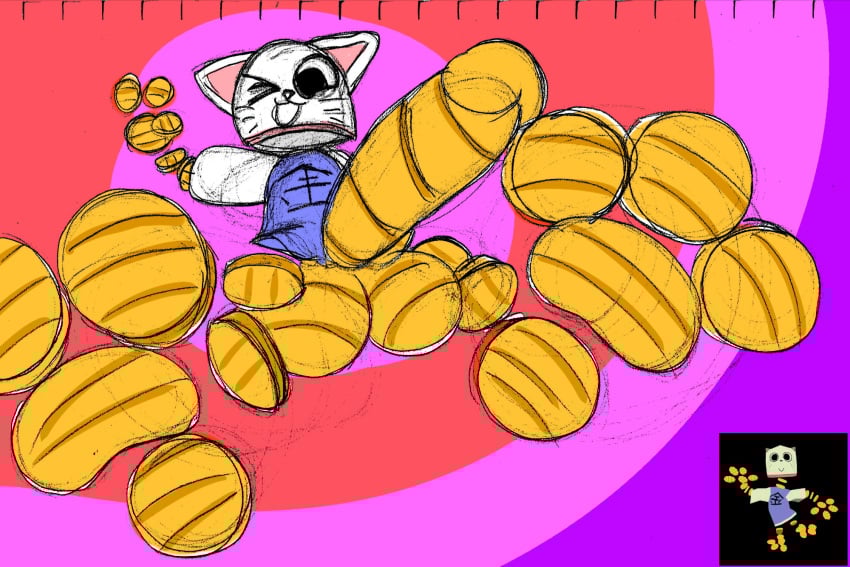 3_toes abstract_background animate_inanimate anthro balls big_balls big_penis black_eyes blue_clothing blue_shirt blue_topwear cjk_character clothing coin collar domestic_cat dream_bbq ena_(series) erection feet felid feline felis genitals glans gold_(metal) gold_coin hi_res huge_balls huge_cock humanoid_genitalia humanoid_penis kane_(dream_bbq) kane_(ena) living_coin looking_at_viewer looking_down male mammal one_eye_closed open_mouth penis pink_collar pink_inner_ear raised_hand shirt smile solo toes topwear white_clothing white_nose white_shirt white_topwear wink yellow_balls yellow_glans yellow_penis yungknight