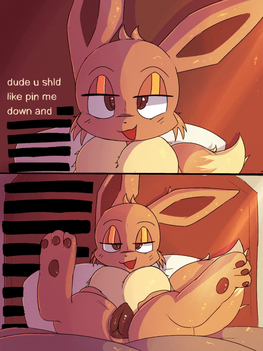 2025 3:4 animal_genitalia animal_pussy bed black_nose brown_body brown_eyes brown_fur brown_pussy canine_genitalia canine_pussy colored comic detailed_background dialogue digitigrade dipstick_tail eevee english_text feet female female_feral feral fur furniture furry generation_1_pokemon genitals hi_res lodetail lying mammal markings nintendo on_back pokemon pokemon_(species) pussy shaded solo tail tail_markings talking_feral talking_to_viewer text toes