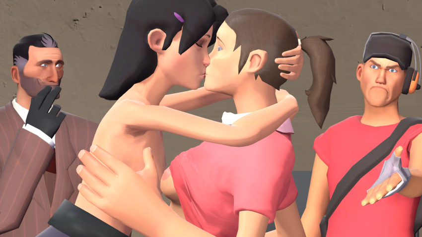 3d breasts color fancy fancy_clothing fancy_old_man female femscout human kissing male maskless_spy miss_pauling multiple_females nipples scout source_filmmaker spy spy_(team_fortress_2) team_fortress team_fortress_2 yuri