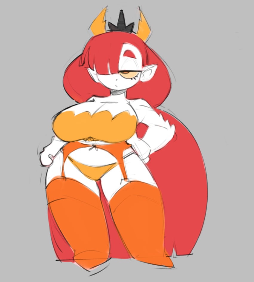 1girls absurdly_long_hair bra breasts cadmio cleavage closed_mouth clothing colored_sclera colored_skin cropped_legs crown female full_body garter_belt grey_background hair_over_one_eye half-closed_eyes hand_on_own_hip hands_on_own_hips hekapoo horns huge_breasts jitome large_breasts long_hair looking_at_viewer mini_crown monster_girl navel no_pupils one_eye_covered orange_bikini orange_panties orange_thighhighs panties pantsu pointy_ears red_hair shortstack simple_background solo standing star_vs_the_forces_of_evil strapless thighhighs underwear very_long_hair white_skin yellow_panties yellow_sclera