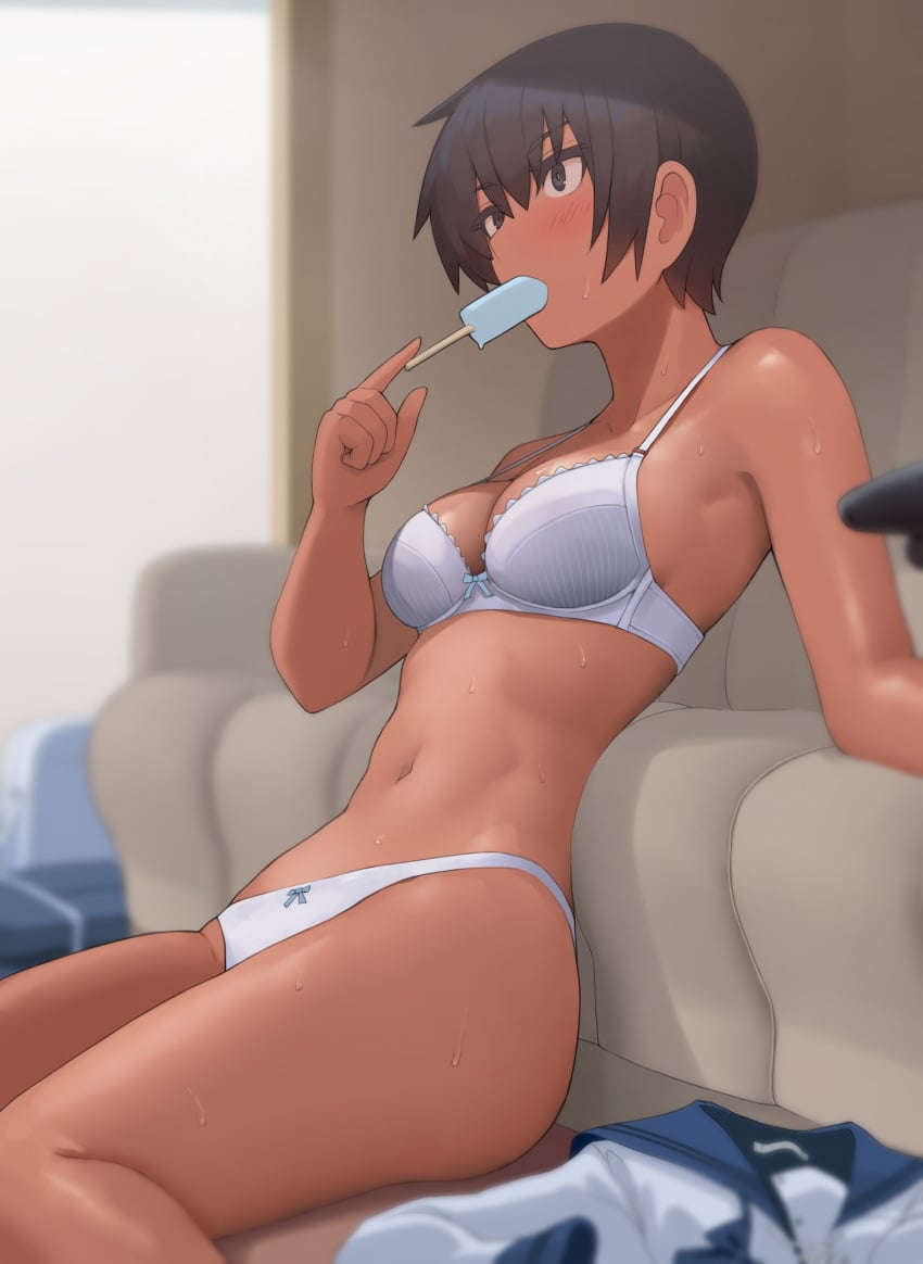 1girls 2026 2d black_eyes black_hair blush blush_lines blushing bra dark-skinned_female dark_skin female female_only hair hi_res highres human ice_cream kuronami_(lvi) lvi oc original original_character panties short_hair solo solo_female sweat sweating sweaty_body tomboy