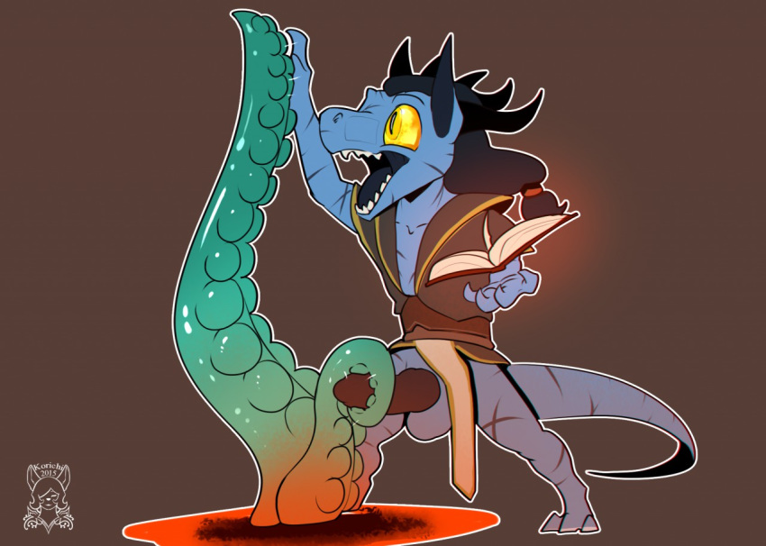 1boy 2015 anthro balls claws clothing erection hair horn kobold korichi long_hair male male_only malk nude open_mouth penis scalie scar solo spikes teeth tentacle tongue