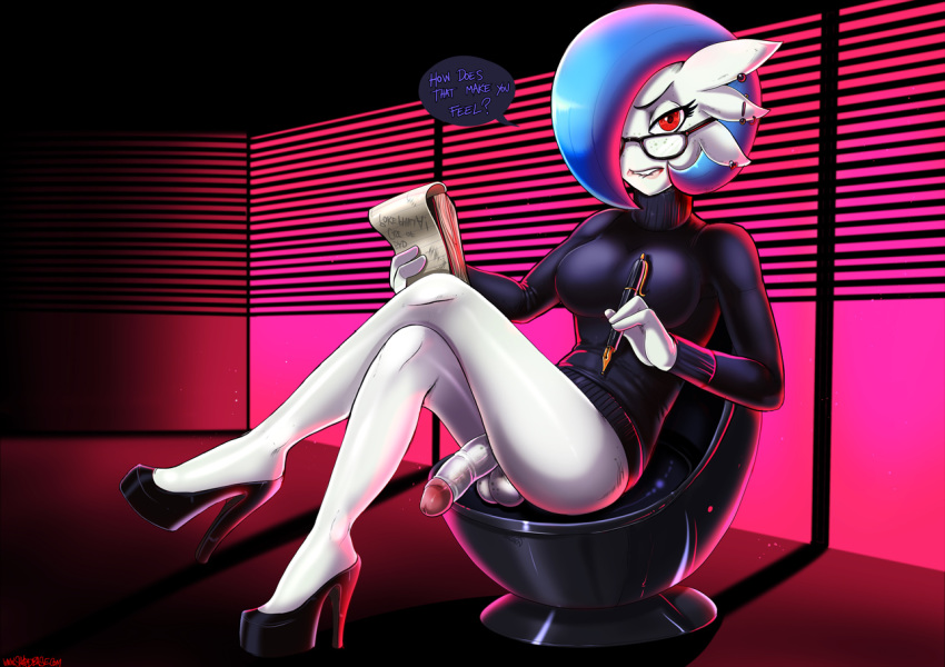 anthro biting_lip blue_hair crossed_legs earrings futa_gardevoir futa_only futanari gardevoir glasses high_heels intersex legs legs_crossed nintendo penis pokemon pokemon_(species) pokemon_rse red_eyes semi-erect shadman short_hair sitting solo speech_bubble sweater testicles therapist thighs turtleneck white_skin