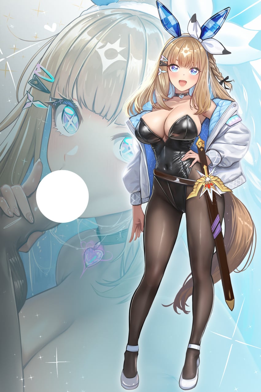 1boy 1girl absurdres almond_eye_(umamusume) animal_ears asdkd123 bad_source black_bow black_choker black_leotard black_pantyhose blue_eyes blue_hair bow braid breasts brown_hair censored choker cleavage colored_inner_hair covered_navel cum cum_string fellatio full_body hair_bow hair_ornament hairclip hand_on_own_hip heart heart_censor heart_pendant hetero high_heels highres horse_ears horse_girl jacket large_breasts leotard multicolored_hair off_shoulder oral pantyhose pendant_choker playboy_bunny shoes side_braid strapless strapless_leotard sword umamusume weapon white_jacket white_shoes