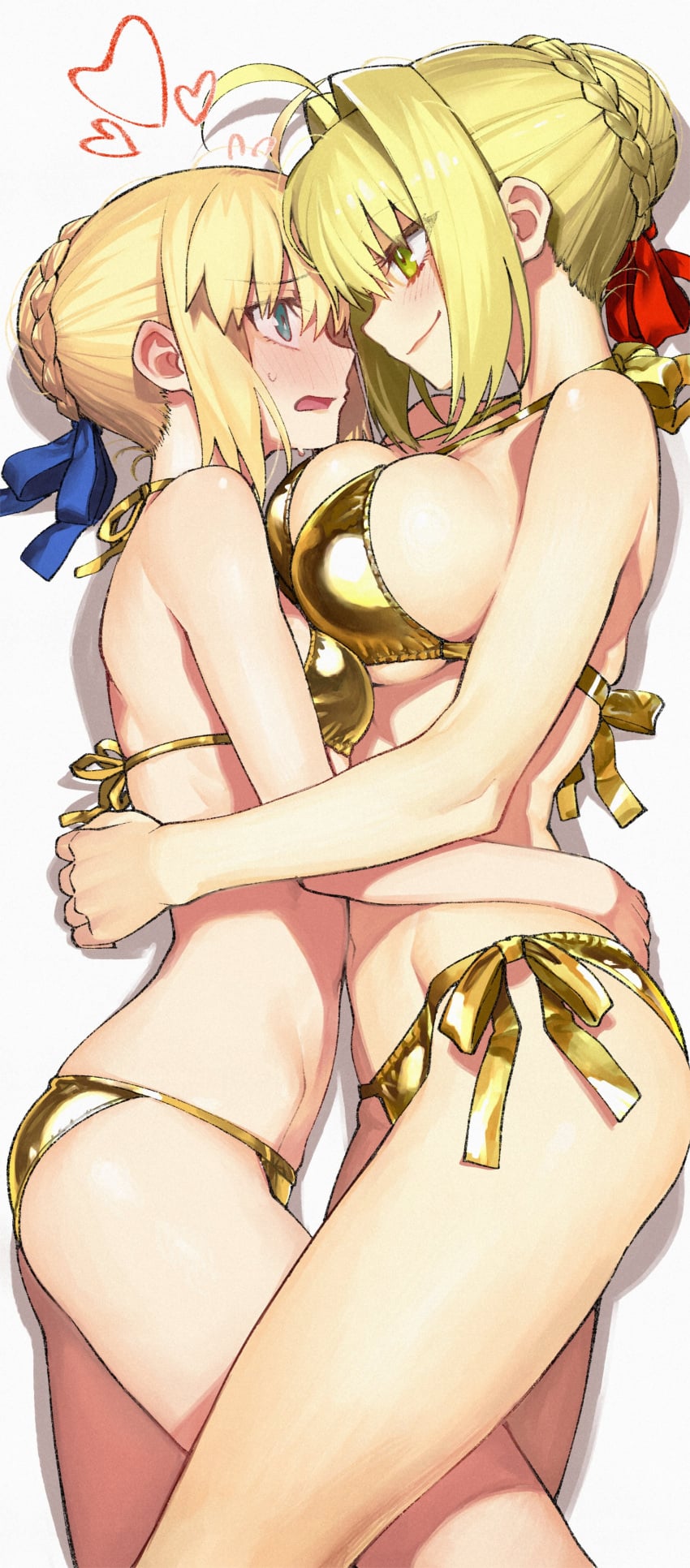 artoria_pendragon artoria_pendragon_(fate) big_breasts bikini blonde_hair blush embarrassed embarrassed_expression embarrassed_female embrace fate/extra fate/grand_order fate/stay_night fate_(series) gold_bikini hairbun hugging hugging_another nero_claudius_(fate) partially_clothed petite petite_body petite_female saber small_breasts
