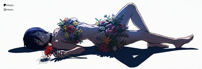 1girl ai-generated artist_name chainsaw_man choker dewspiree flower green_eyes hair_between_eyes highres legs looking_at_viewer lying navel nude on_back purple_hair reze_(chainsaw_man) shadow short_hair simple_background twitter_username white_background