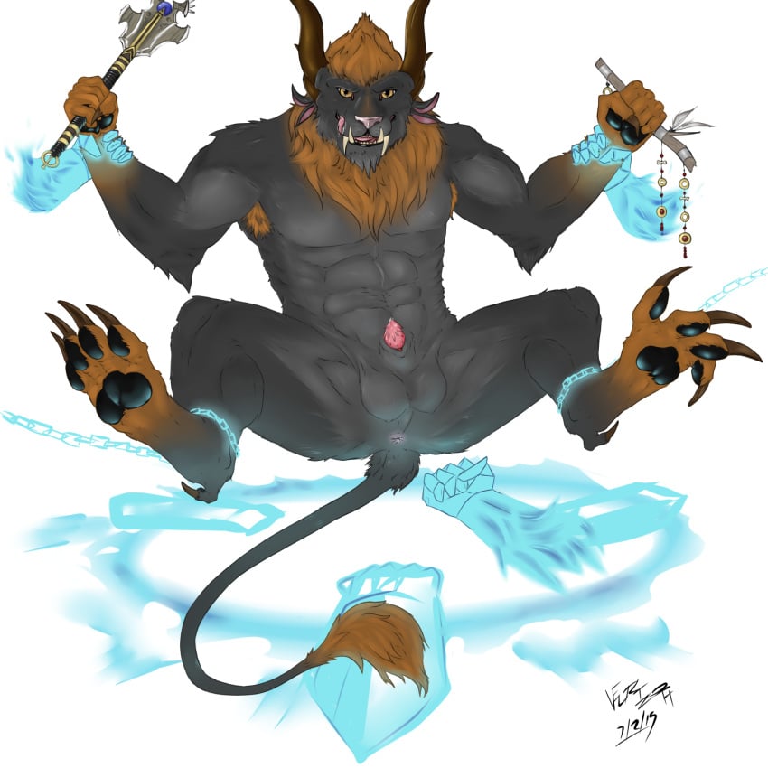 1boy 4_toes alpha_channel animal_genitalia anthro anus armpit_hair balls chains charr claws digitigrade disembodied_hand feline fur grey_fur grin guild_wars horn implied_fisting licking looking_at_viewer male male_only mammal masturbation muscles nude open_mouth orange_fur pawpads paws penis precum restrained saliva scepter sheath solo teeth toe_claws toes toned tongue tongue_out tuft velrizoth video_games weapon yellow_eyes