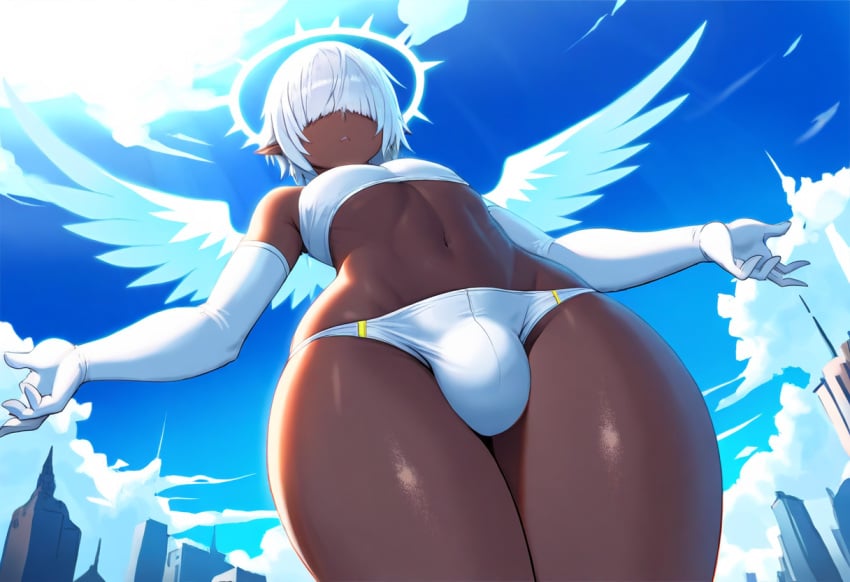 1boy ai_generated alriel angel angel_wings bulge dark-skinned_male dark_skin day femboy girly hair_over_eyes halo mullon novelai original_character sissy thick_thighs trap white_hair