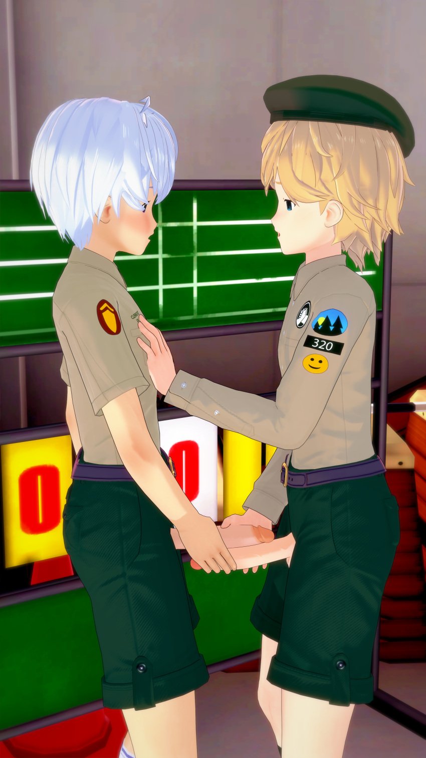 3d blonde_hair blush camp_buddy clothed felix_clermont frotting gay hunter_springfield kghgk koikatsu male/male male_only masturbation open_mouth silver_hair yaoi