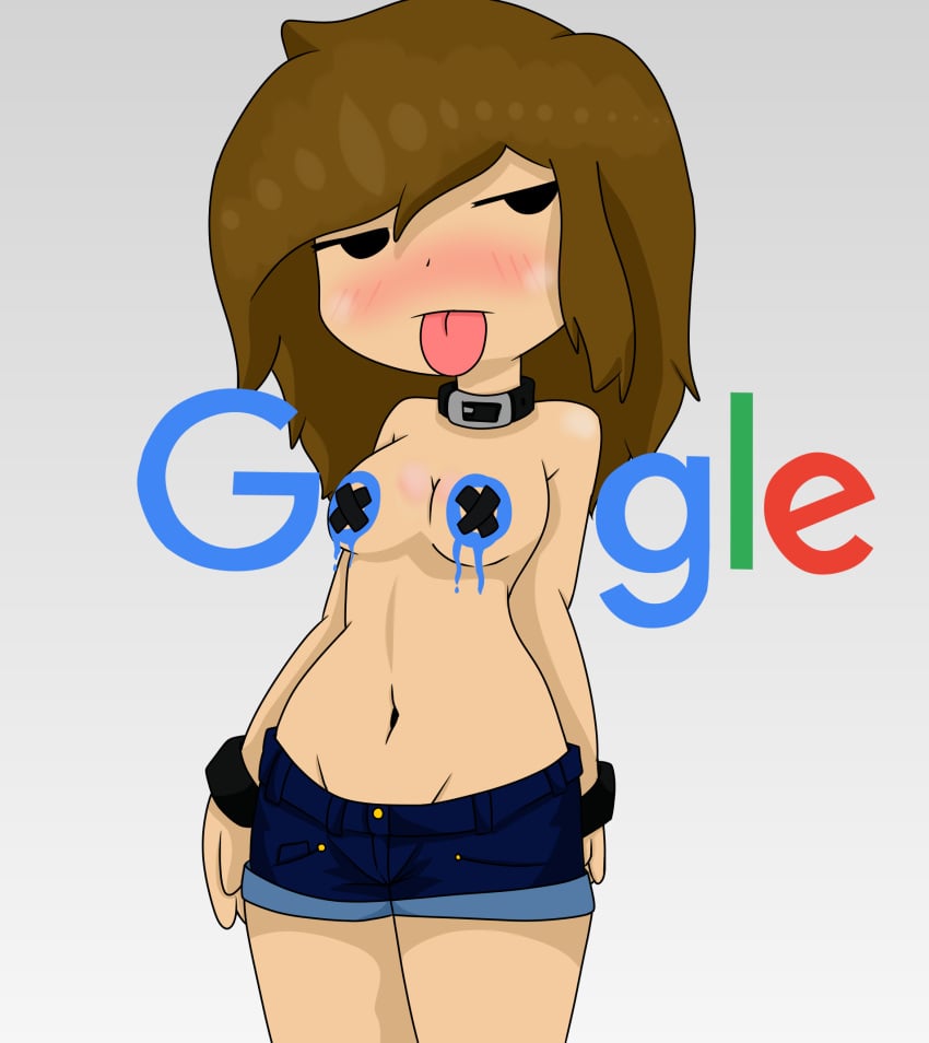 1girl 1girls :p akiraruar amateur_artist black_eyes brown_hair cartoon_eyes cartoony censored_nipples google googles grey_background medium_length_hair thick_hips thick_thighs topless topless_female