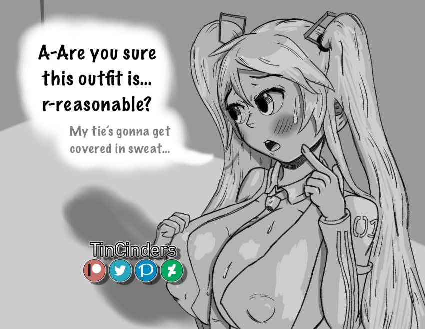 black_and_white blush blush blush_lines boob_window breasts breasts breasts cleavage cleavage_cutout confused confused_look confusion deviantart embarrassed embarrassed_female fanart female hatsune_miku looking_away looking_down monochrome nipple_bulge patreon pixiv point_of_view pov self_upload sketch sweat sweatdrop sweating sweaty sweaty_body tie tincinders twintails twintails twitter vocaloid