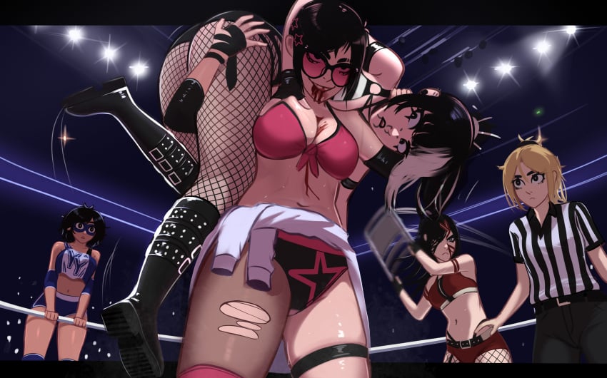 ass ass_up attack belly_button blonde_female blonde_hair blood catfight chair dark_hair dark_skin dat_ass fishnets goth goth_girl jessie_(veyonis) kadence_(veyonis) lift_and_carry lifted_by_another lifting_person mika_(veyonis) pale-skinned_female pale_skin pink_bra pink_glasses rosen_(veyonis) thick_ass thick_thighs thighs veyonis wrestling wrestling_mask wrestling_outfit wrestling_ring wrestlingryona yuna_(veyonis)