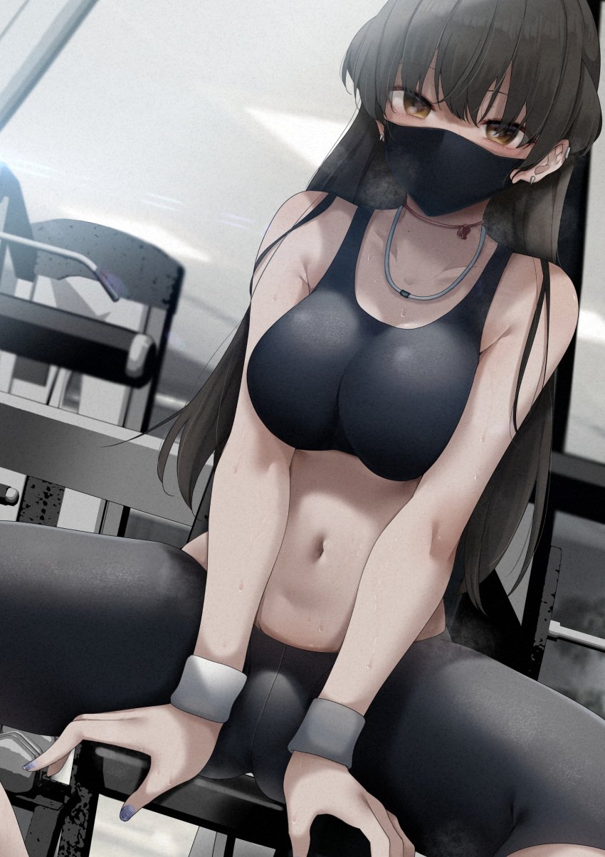 1girls black_hair breasts face_mask female female_focus female_only gym_shorts konata_(kankin_jk) looking_at_viewer ryouma_(galley) solo solo_female solo_focus sports_bra sportswear story_of_a_manga_artist_confine_by_a_strange_high_school_girl