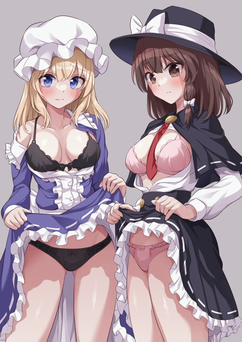 2girls absurdres black_bra black_capelet black_headwear black_panties black_skirt blonde_hair blush bra breasts brown_eyes brown_hair capelet closed_mouth clothes_lift dress frilled_dress frilled_skirt frills grey_background hair_between_eyes hat highres long_hair long_sleeves looking_at_viewer maribel_hearn medium_breasts medium_hair mob_cap multiple_girls panties pink_bra pink_panties purple_dress purple_eyes ramie_(ramie541) renko_usami shirt simple_background skirt skirt_lift split_mouth touhou underwear usami_renko white_headwear white_shirt