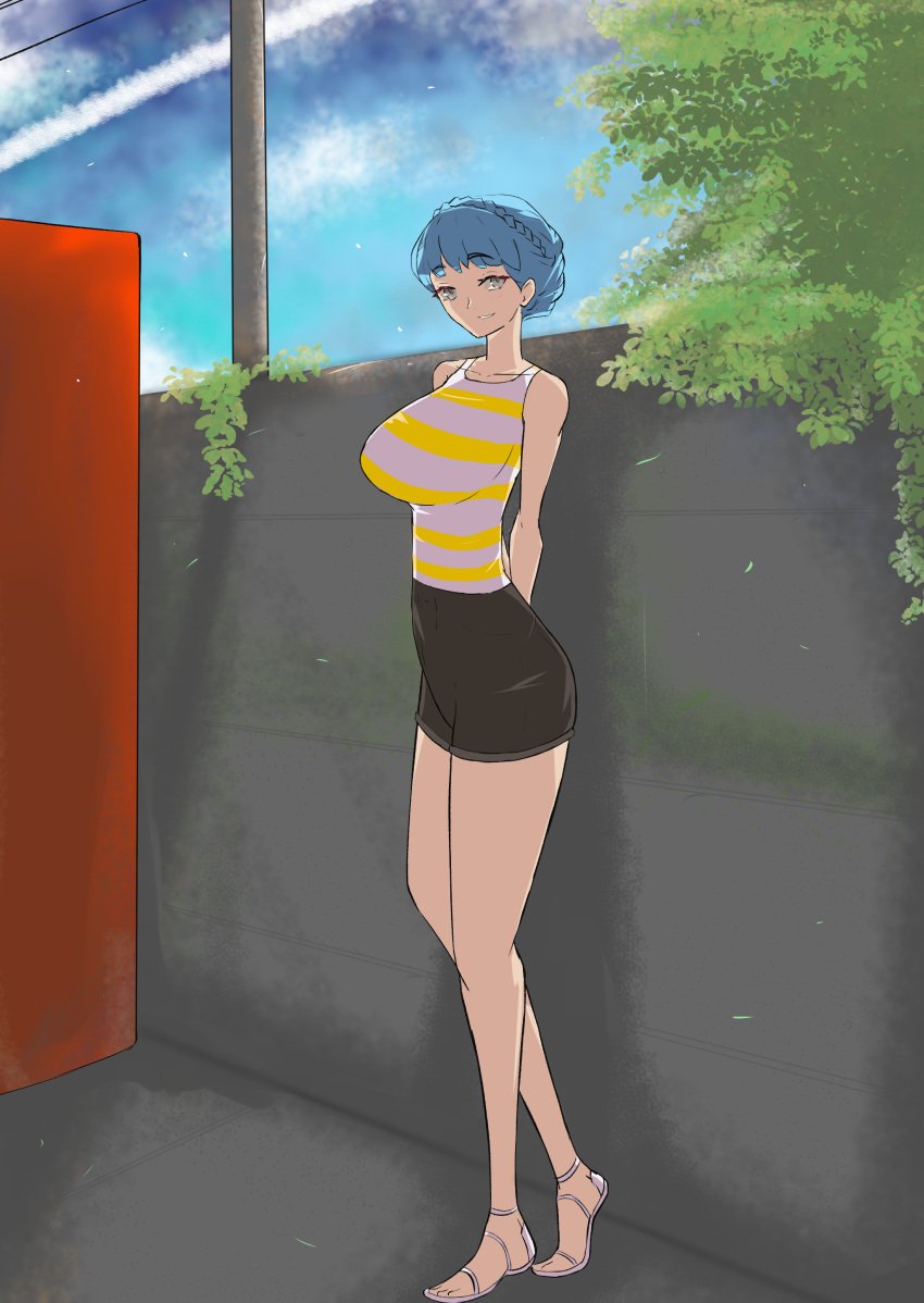 1girls alternate_costume bare_legs blue_hair braid breasts female female_only fire_emblem fire_emblem:_three_houses full_body grin in2naps large_breasts legs light_blue_hair looking_at_viewer marianne_von_edmund nintendo outdoors plant shirt shorts sleeveless smile solo standing vending_machine