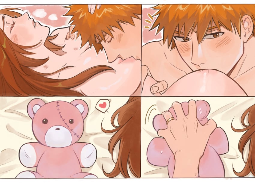 1boy 1boy1girl 1girls amber_eyes areolae bed bed_sheet big_breasts bleach blush breast_grab breast_sucking breasts closed_eyes color comic completely_nude hand_on_another's_head heart hickey highres husband_and_wife ichigo_kurosaki inoue_orihime kiss_mark large_breasts lipstick long_hair looking_pleasured luvlyroseve lying lying_on_back lying_on_bed married_couple orange_hair pink_background plushie romantic romantic_couple short_hair spiky_hair spoken_heart straight teddy_bear visible_breath wedding_ring white_border wholesome