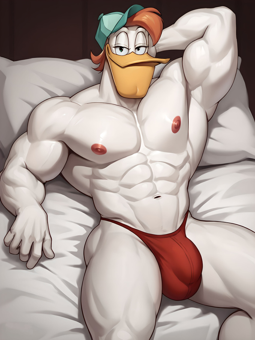 abs ai_generated anthro bara bulge cantsleep96 disney duck ducktales ducktales_(2017) hand_behind_head hat hi_res launchpad_mcquack laying_down laying_on_bed male male_only muscular muscular_male nipples pecs red_hair seductive seductive_look solo thong