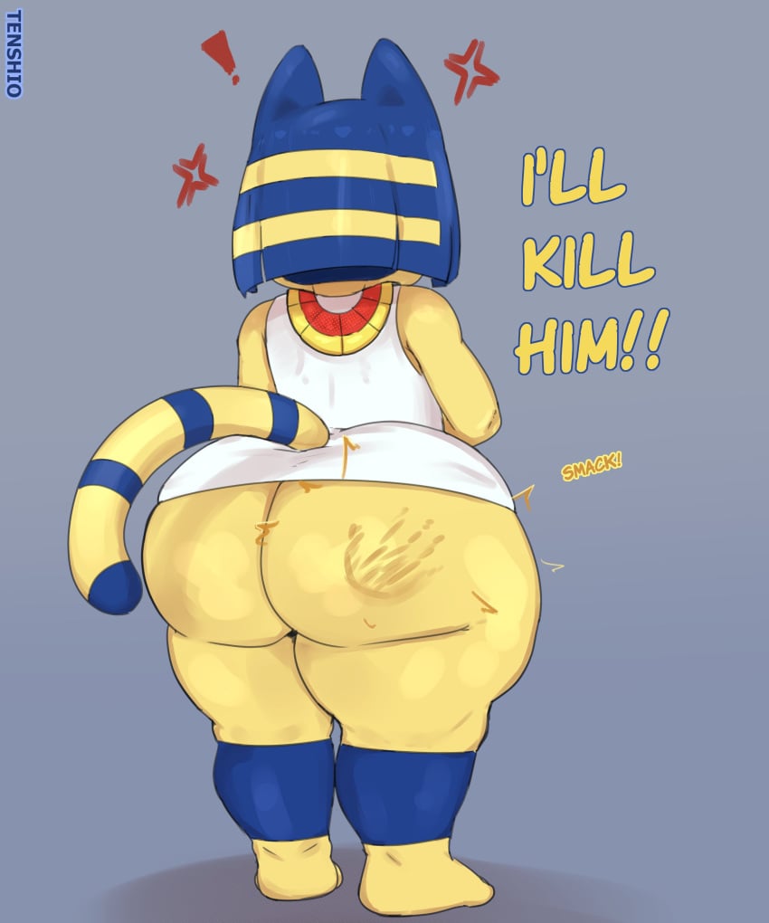 1female 1girls 2d 2d_(artwork) anger_vein angry animal_crossing ankha ankha_(animal_crossing) anthro anthro_only ass ass big_ass big_butt cat_ears cat_tail clothing egyptian egyptian_cat english english_text felid feline felis female hand_print hand_print_on_ass nintendo shortstack slap_mark solo solo_anthro solo_female tenshio text unseen_female_face yellow_body