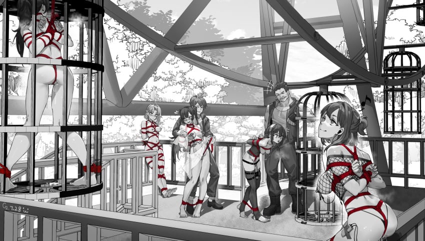 2boys 5girls against_railing arms_behind_back barefoot bondage bound bound_ankles bound_arms bound_legs breasts cage chen_zi clothed_male_nude_female commentary_request completely_nude earbuds earphones femsub ferris_wheel hairband happy_sub highres hitachi_magic_wand large_breasts maledom medium_breasts multiple_boys multiple_girls multiple_subs musical_note nipple_clamps nude object_insertion original outdoors pussy_juice railing rope sex_toy spoken_musical_note spot_color stirrup_legwear toeless_legwear vaginal_object_insertion vaginal_penetration vibrator zenra