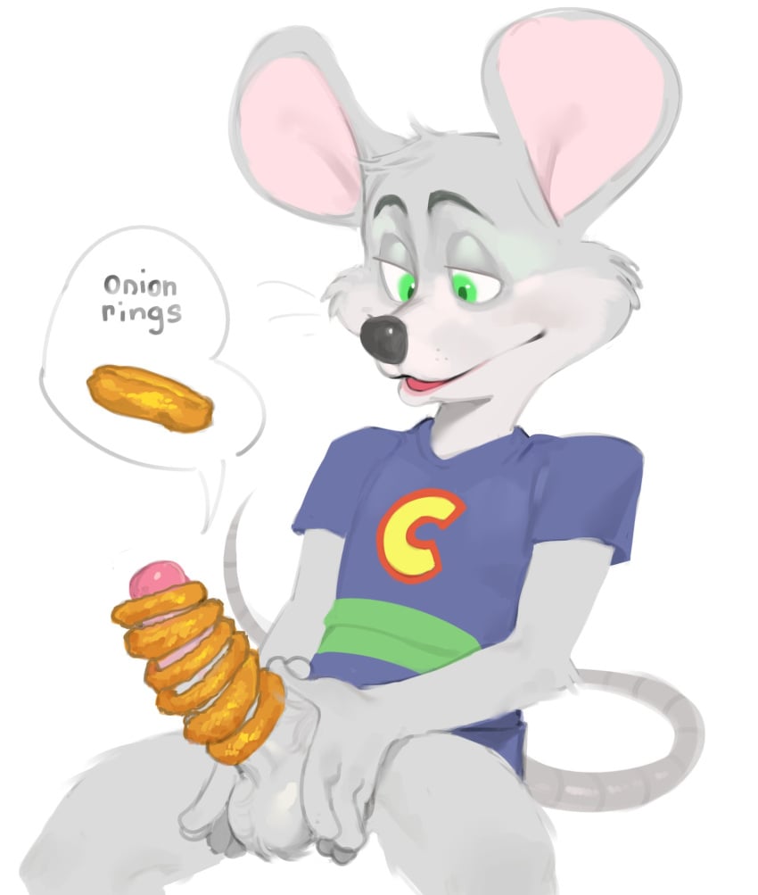 1boy 2024 anthro anthro_only balls chuck_e_cheese chuck_e_cheese_(franchise) cock_ring english_text erect_penis erection food_play furry furry_balls green_eyes grey_body hands_on_penis hi_res humanoid humanoid_penis kogito looking_at_penis male male_only mascot mouse murid murine onion_rings open_mouth partially_clothed penis pink_glans simple_background sitting slim solo solo_male tail text toony twink white_background