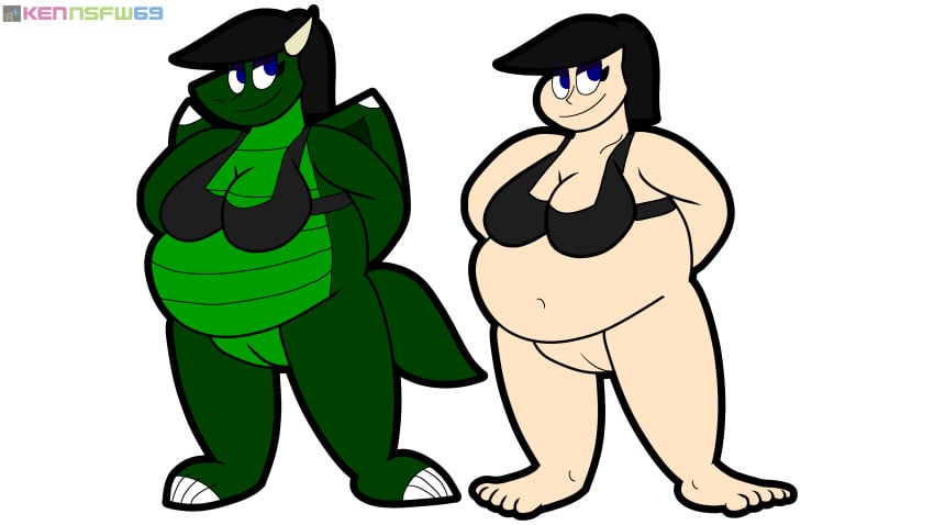 belle_(kenmazu95) belly belly_button big_belly big_breasts big_tummy bikini_top bikini_top_only blue_eyes bottomless bottomless_female bra bra_only breasts chubby chubby_belly chubby_female dragon dragon_girl fat green_body green_dragon human human_female human_version humanized kenmazu95 light-skinned_female overweight overweight_female pussy scalie tummy two_versions vagina