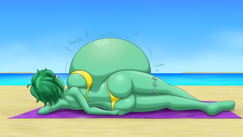 1girls ass b0xbox beach belly big_ass big_belly big_breasts bikini breasts female female_pred green_skin huge_belly monster_girl rottytops same_size_vore shantae vore zombie zombie_girl