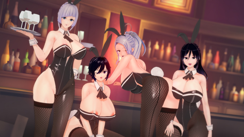 4girls akinama_family_(noir-black-shooter) big_breasts bunny_ears bunnysuit dark_blue_hair gilf huge_breasts kazane_akinama_(noir-black-shooter) koikatsu maria_fontaine_(noir-black-shooter) milf mother_and_daughter naoki_akinama_(noir-black-shooter) noir-black-shooter oc original original_character raiko_kashiwasaki_(noir-black-shooter) short_hair silver_hair