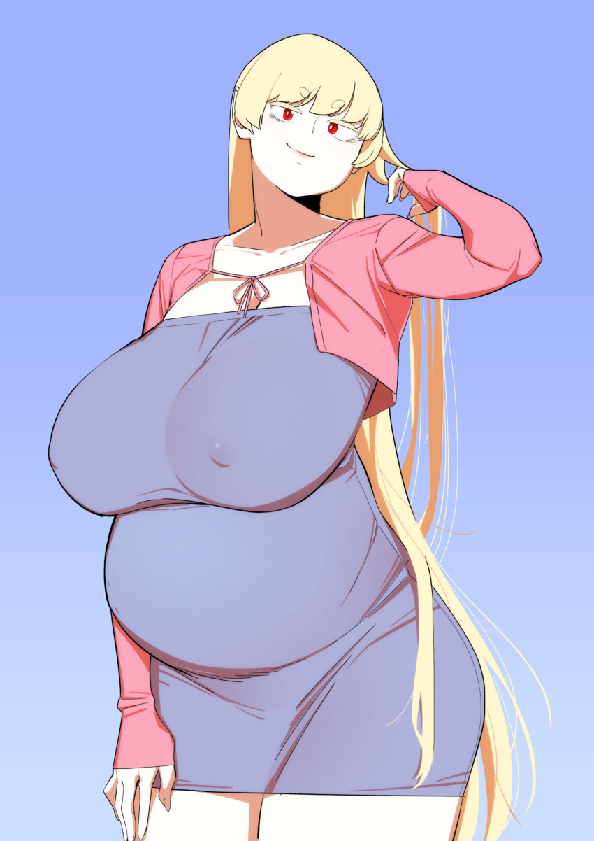 1girls belly big_belly big_breasts blonde_hair breasts female gigantic_breasts huge_breasts kyattorosu nipple_bulge nipples_visible_through_clothing pregnant red_eyes solo