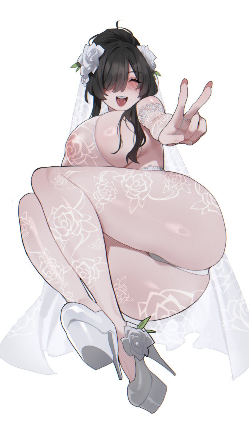 1girl big_breasts black_eyes black_hair blushing bride eyes_closed female flower_in_hair hair_over_one_eye heels high_heels lingerie long_nails mimyo one_eye_covered original_character pale-skinned_female pale_skin peace_sign see-through see-through_clothing shy solo solo_female solo_focus thick_thighs thighs white_background wife