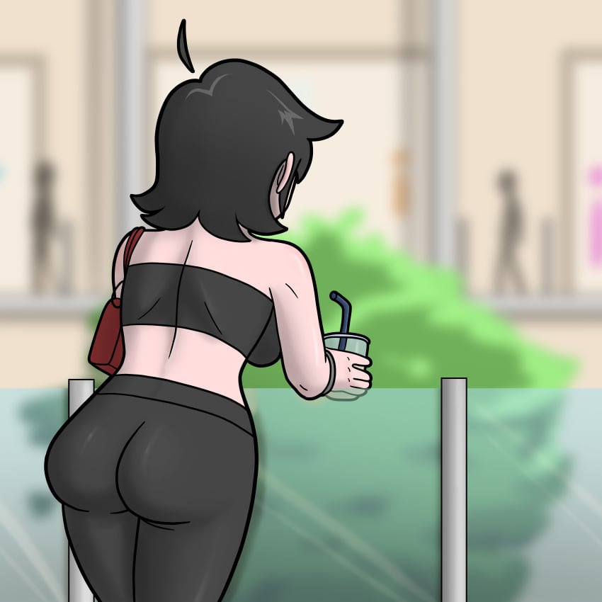 ass ass_focus black_clothing black_hair black_legwear black_topwear bobba_tea cup detached_hair exposed_shoulders facing_away facing_away_from_viewer goth goth_girl holding_object kitomir mall oc pale-skinned_female pale_skin purse red_purse tagme tree