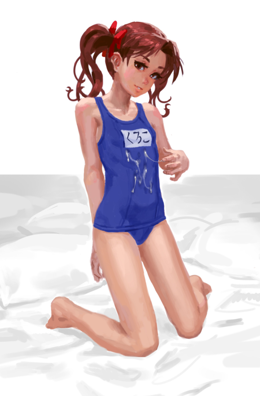 1girls absurdres bed brown_eyes brown_hair cum cum_on_body cum_on_clothes doyora female flat_chest full_body hair_ribbon highres pillow ribbon school_swimsuit shirai_kuroko short_hair short_twintails solo swimsuit teenage_girl teenager tied_hair to_aru_kagaku_no_railgun to_aru_majutsu_no_index twintails young